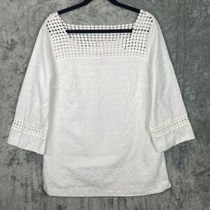 Lilly Pulitzer Top Womens 14 White Blouse‎ Tunic Cotton 3/4 Sleeves Square Neck